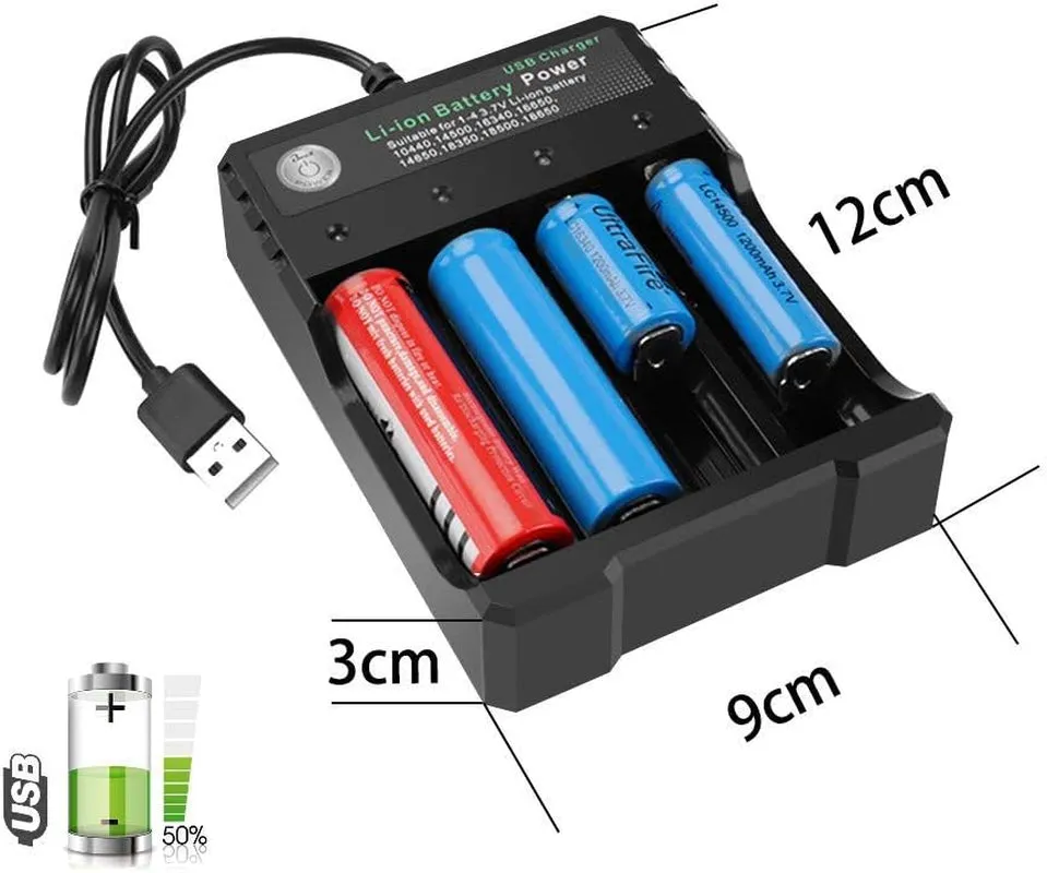 18650 Battery Charger 4-Bay 5V 2A for Rechargeable Batteries 3.7V Li-Ion TR IMR 18650 14500 16340(RCR123) Red/Green Display (Not Battery)