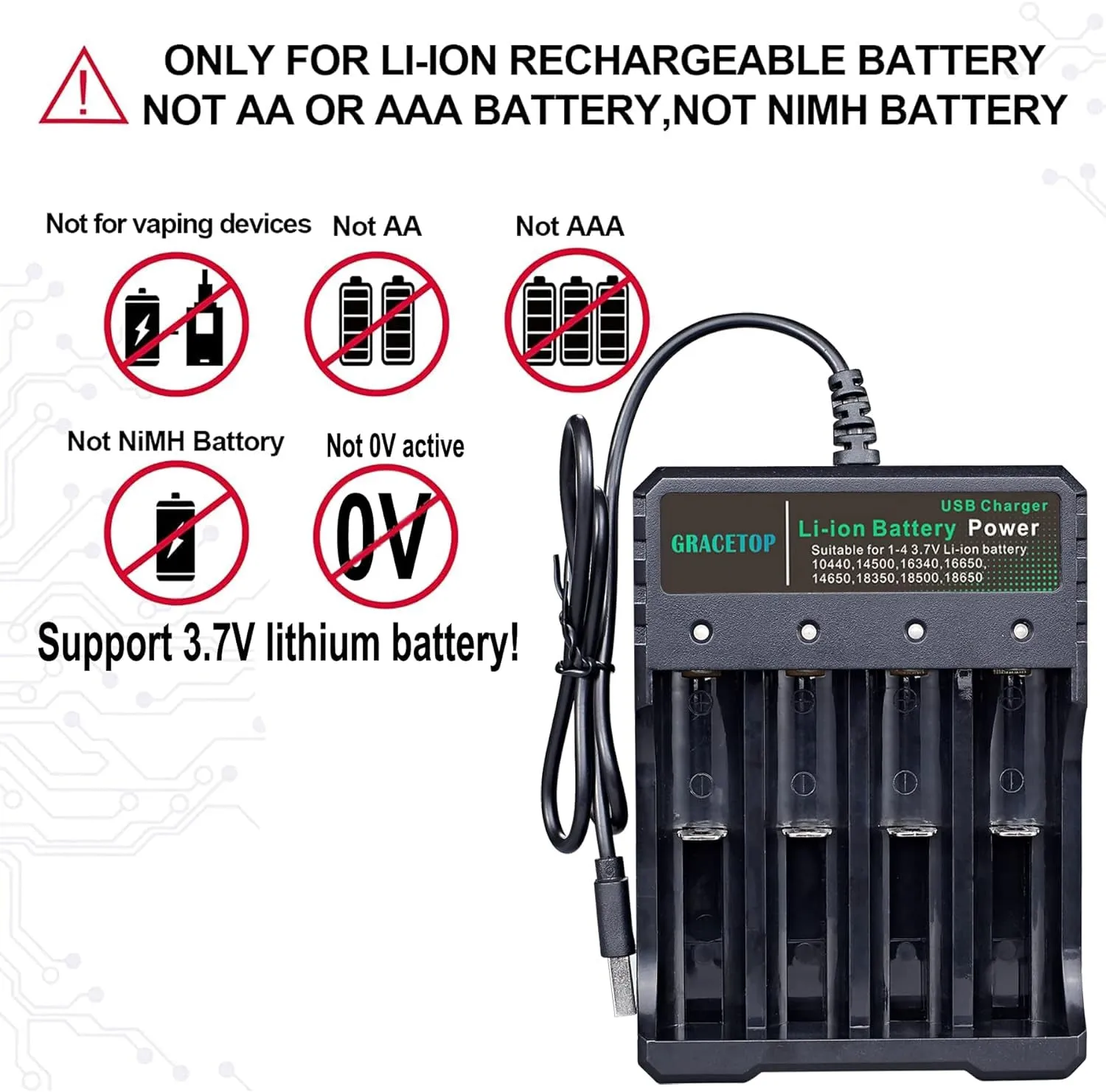 18650 Battery Charger 4-Bay 5V 2A for Rechargeable Batteries 3.7V Li-Ion TR IMR 18650 14500 16340(RCR123) Red/Green Display (Not Battery)