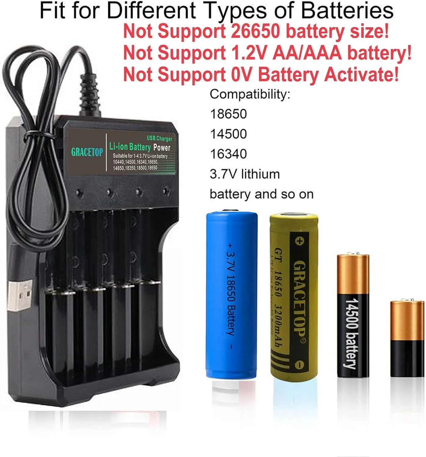 18650 Battery Charger 4-Bay 5V 2A for Rechargeable Batteries 3.7V Li-Ion TR IMR 18650 14500 16340(RCR123) Red/Green Display (Not Battery)