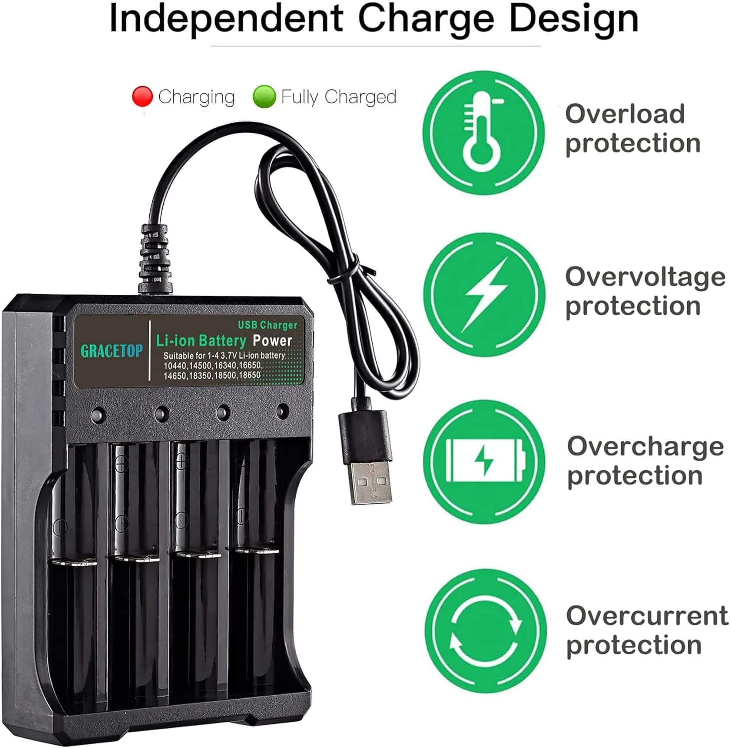 18650 Battery Charger 4-Bay 5V 2A for Rechargeable Batteries 3.7V Li-Ion TR IMR 18650 14500 16340(RCR123) Red/Green Display (Not Battery)