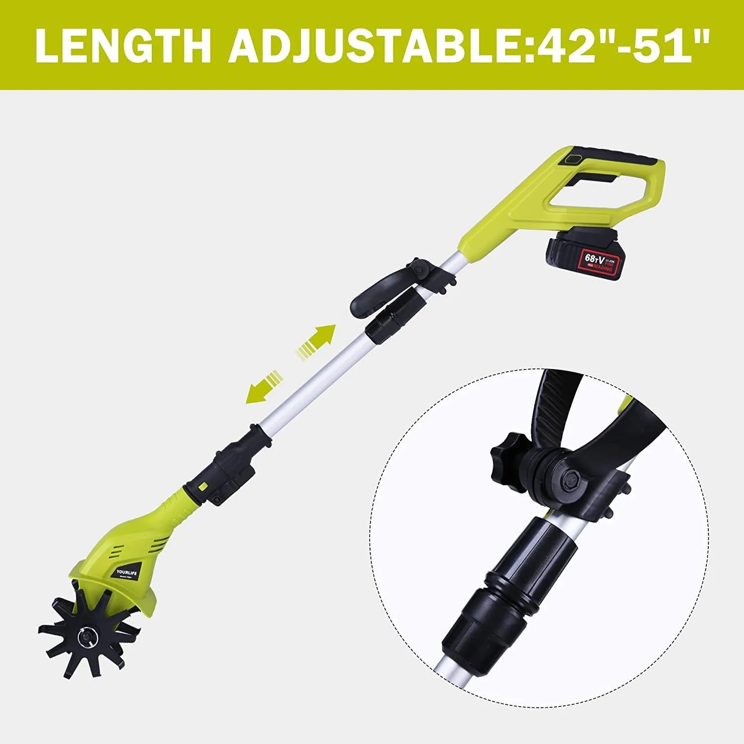 20V Cordless Electric Garden Tiller/Cultivator Height Adjustable with 2.0 Ah Lithium Battery and Charger -Chartreuse