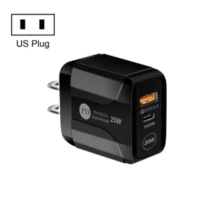 25W Compact Travel Charger with PD Type-C and QC3.0 USB Ports