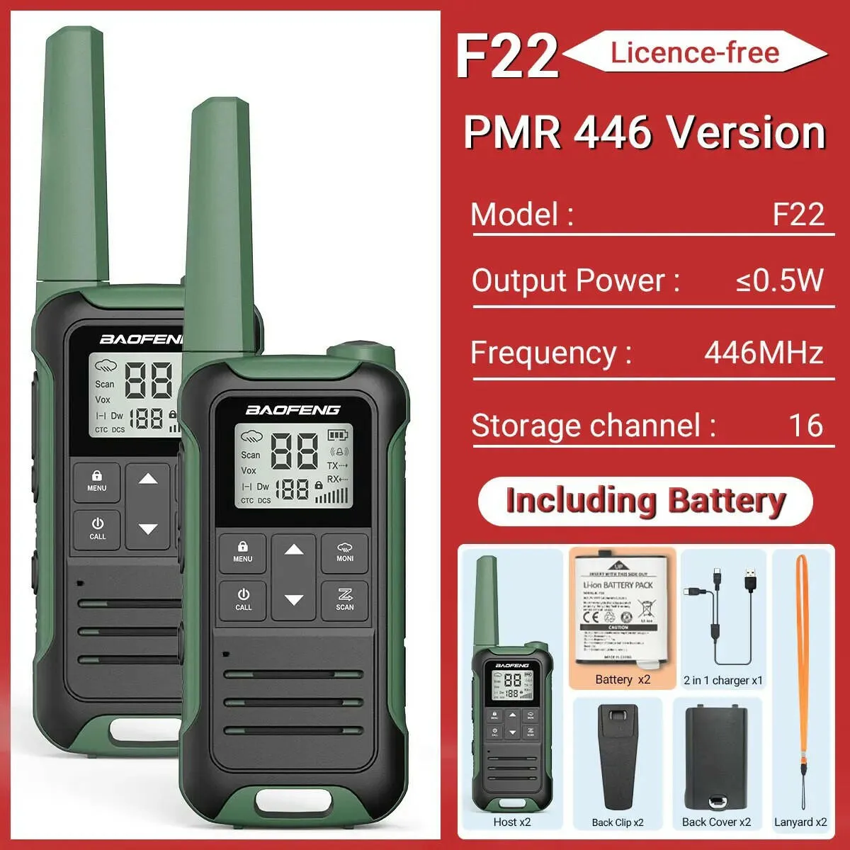 2Pcs Baofeng Mini Walkie Talkie F22 PMR446 FRS Licence-free Portable LCD Display VOX Two-Way Radio Type-C Charger For Camping