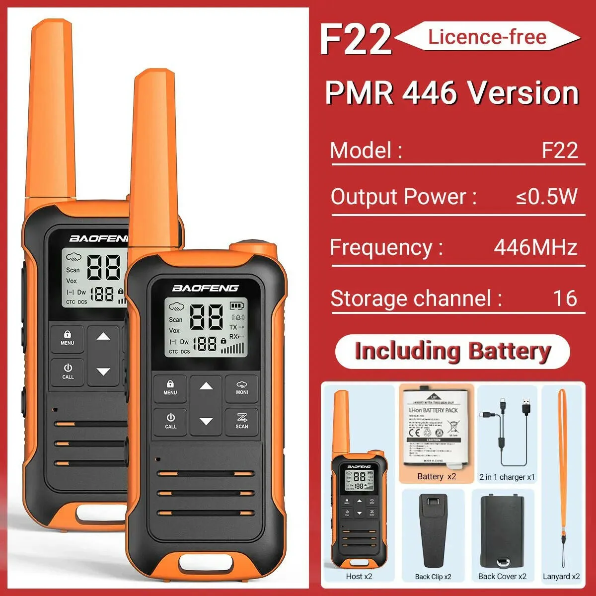 2Pcs Baofeng Mini Walkie Talkie F22 PMR446 FRS Licence-free Portable LCD Display VOX Two-Way Radio Type-C Charger For Camping