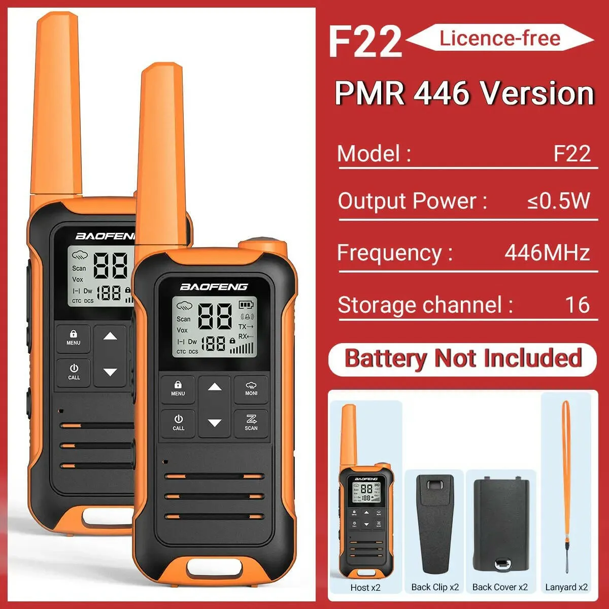 2Pcs Baofeng Mini Walkie Talkie F22 PMR446 FRS Licence-free Portable LCD Display VOX Two-Way Radio Type-C Charger For Camping