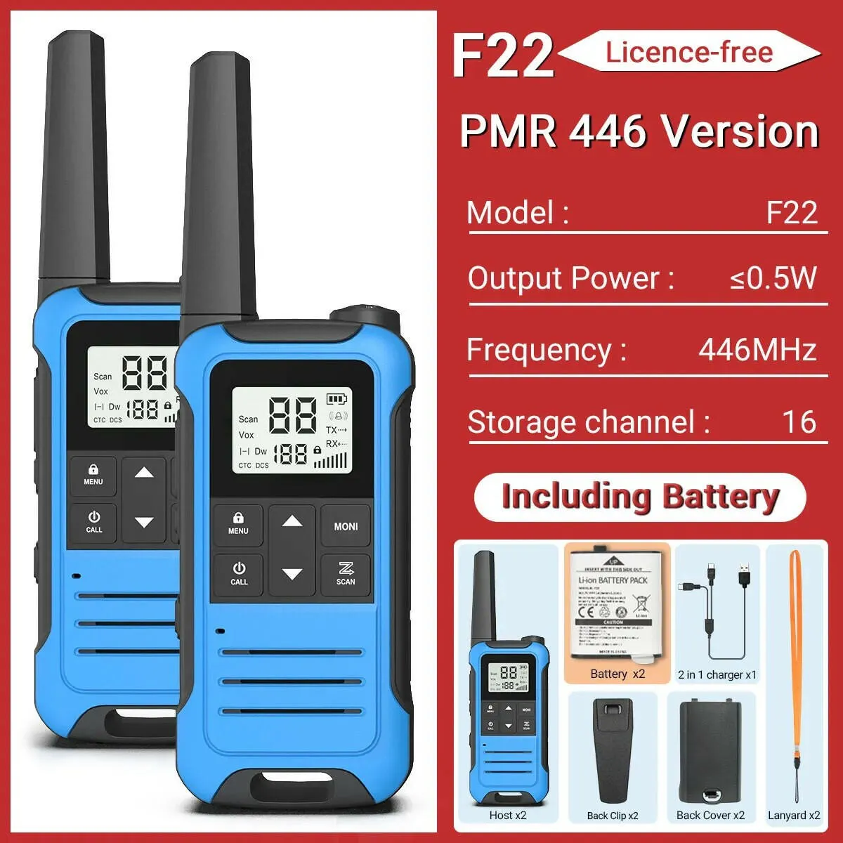 2Pcs Baofeng Mini Walkie Talkie F22 PMR446 FRS Licence-free Portable LCD Display VOX Two-Way Radio Type-C Charger For Camping