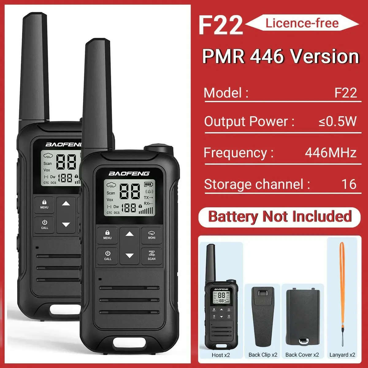 2Pcs Baofeng Mini Walkie Talkie F22 PMR446 FRS Licence-free Portable LCD Display VOX Two-Way Radio Type-C Charger For Camping