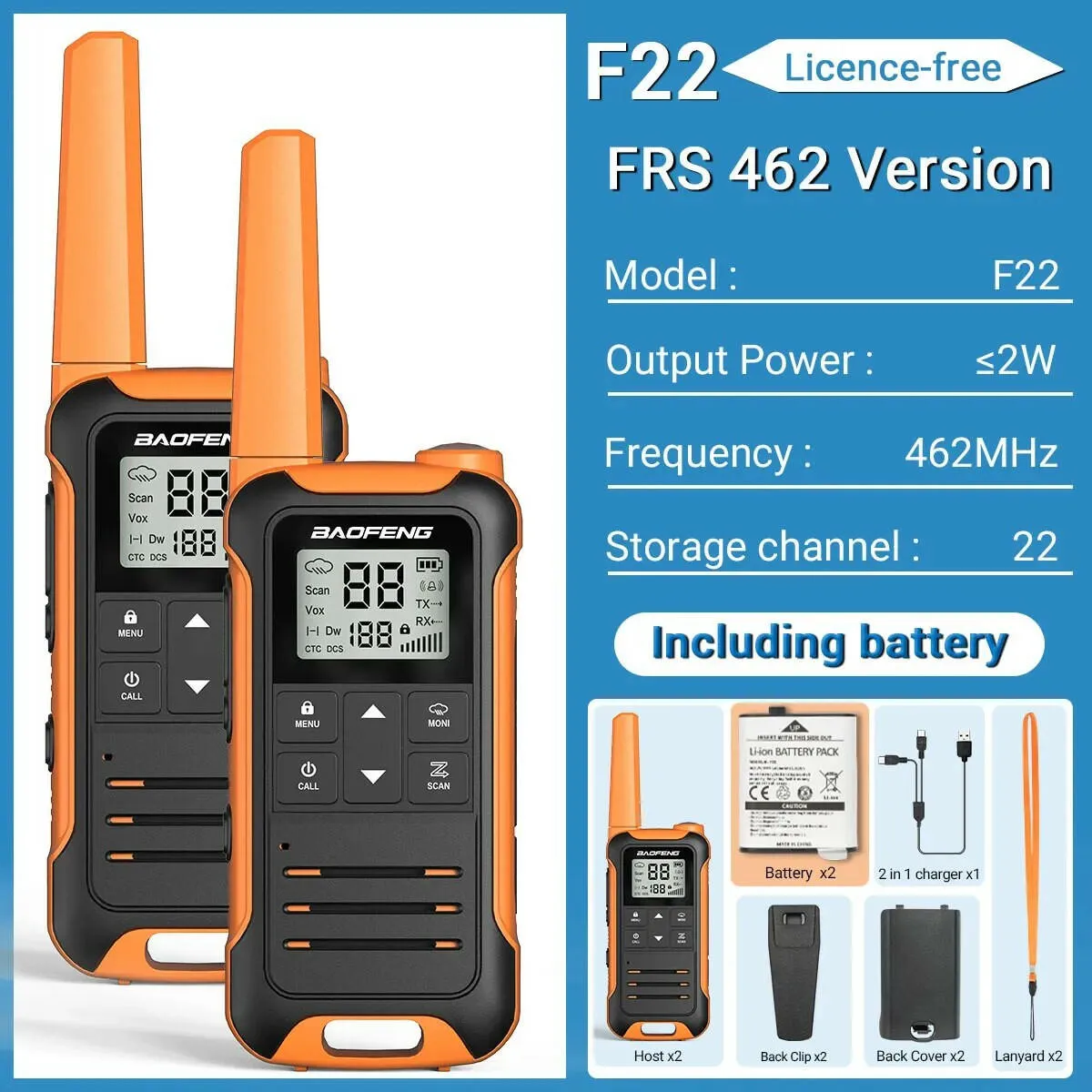 2Pcs Baofeng Mini Walkie Talkie F22 PMR446 FRS Licence-free Portable LCD Display VOX Two-Way Radio Type-C Charger For Camping