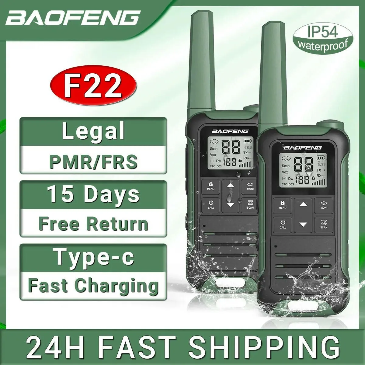 2Pcs Baofeng Mini Walkie Talkie F22 PMR446 FRS Licence-free Portable LCD Display VOX Two-Way Radio Type-C Charger For Camping