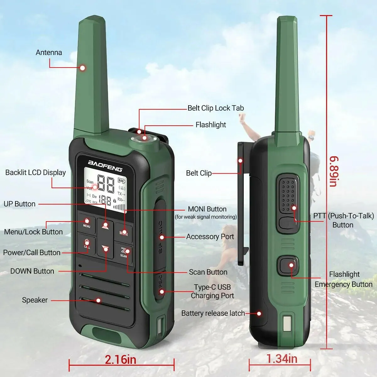 2Pcs Baofeng Mini Walkie Talkie F22 PMR446 FRS Licence-free Portable LCD Display VOX Two-Way Radio Type-C Charger For Camping