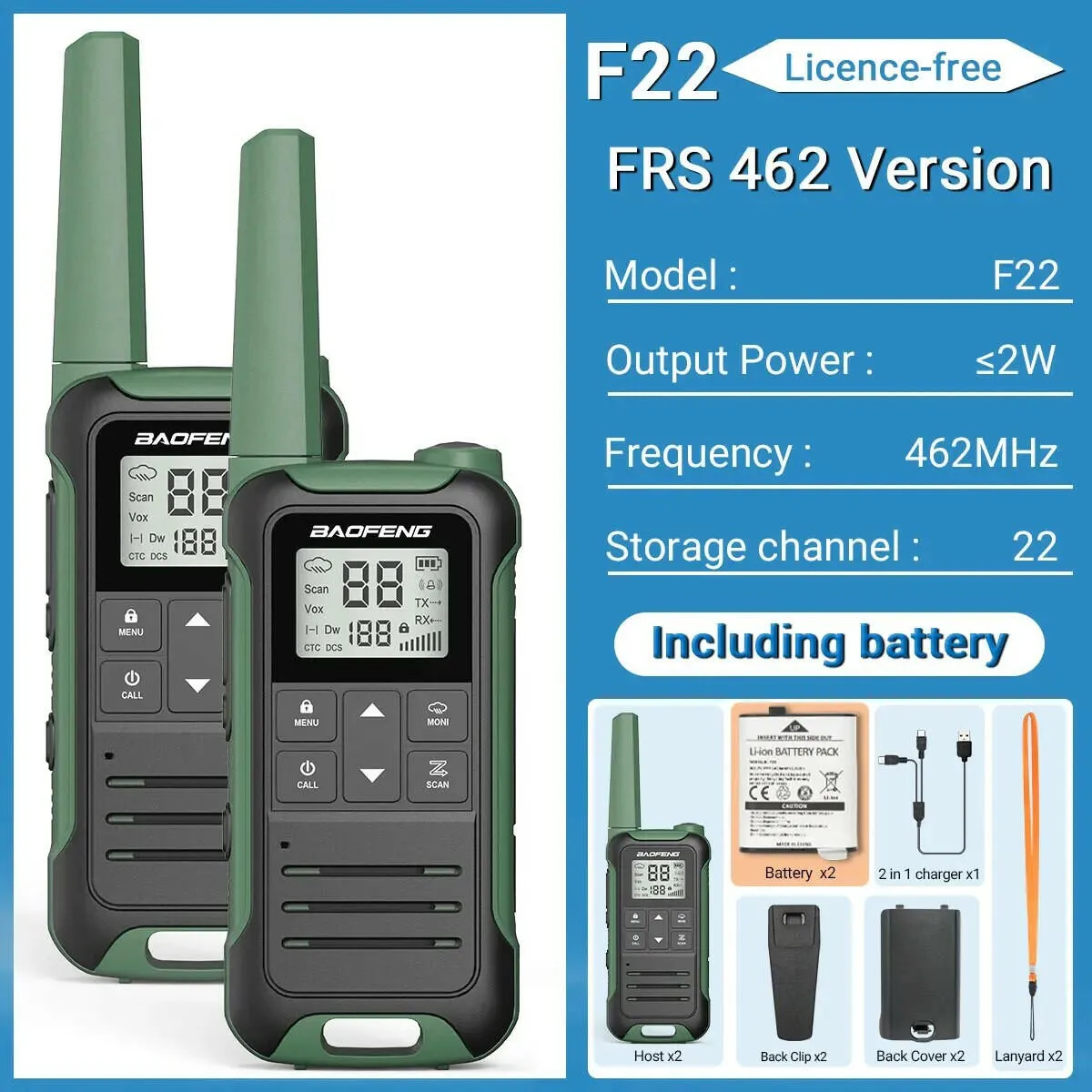 2Pcs Baofeng Mini Walkie Talkie F22 PMR446 FRS Licence-free Portable LCD Display VOX Two-Way Radio Type-C Charger For Camping