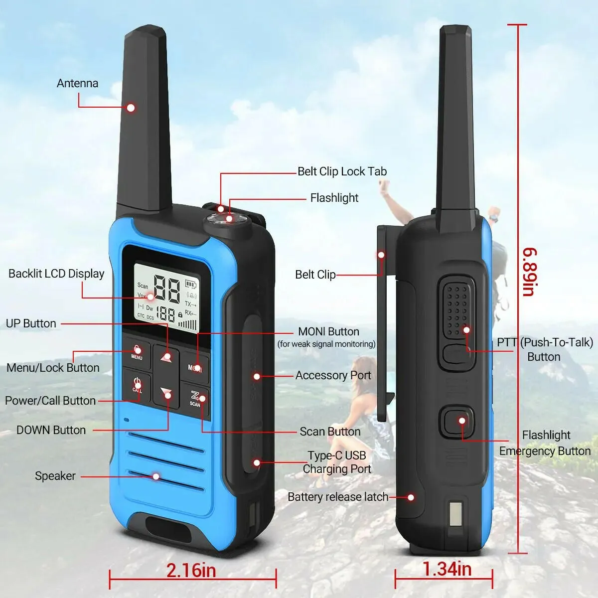 2Pcs Baofeng Mini Walkie Talkie F22 PMR446 FRS Licence-free Portable LCD Display VOX Two-Way Radio Type-C Charger For Camping