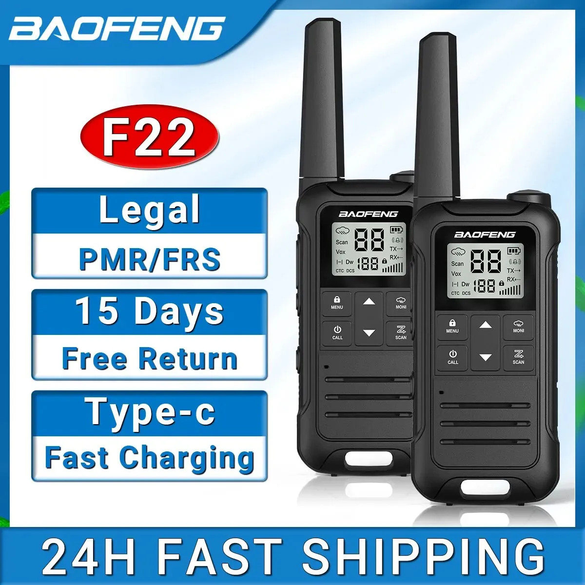 2Pcs Baofeng Mini Walkie Talkie F22 PMR446 FRS Licence-free Portable LCD Display VOX Two-Way Radio Type-C Charger For Camping