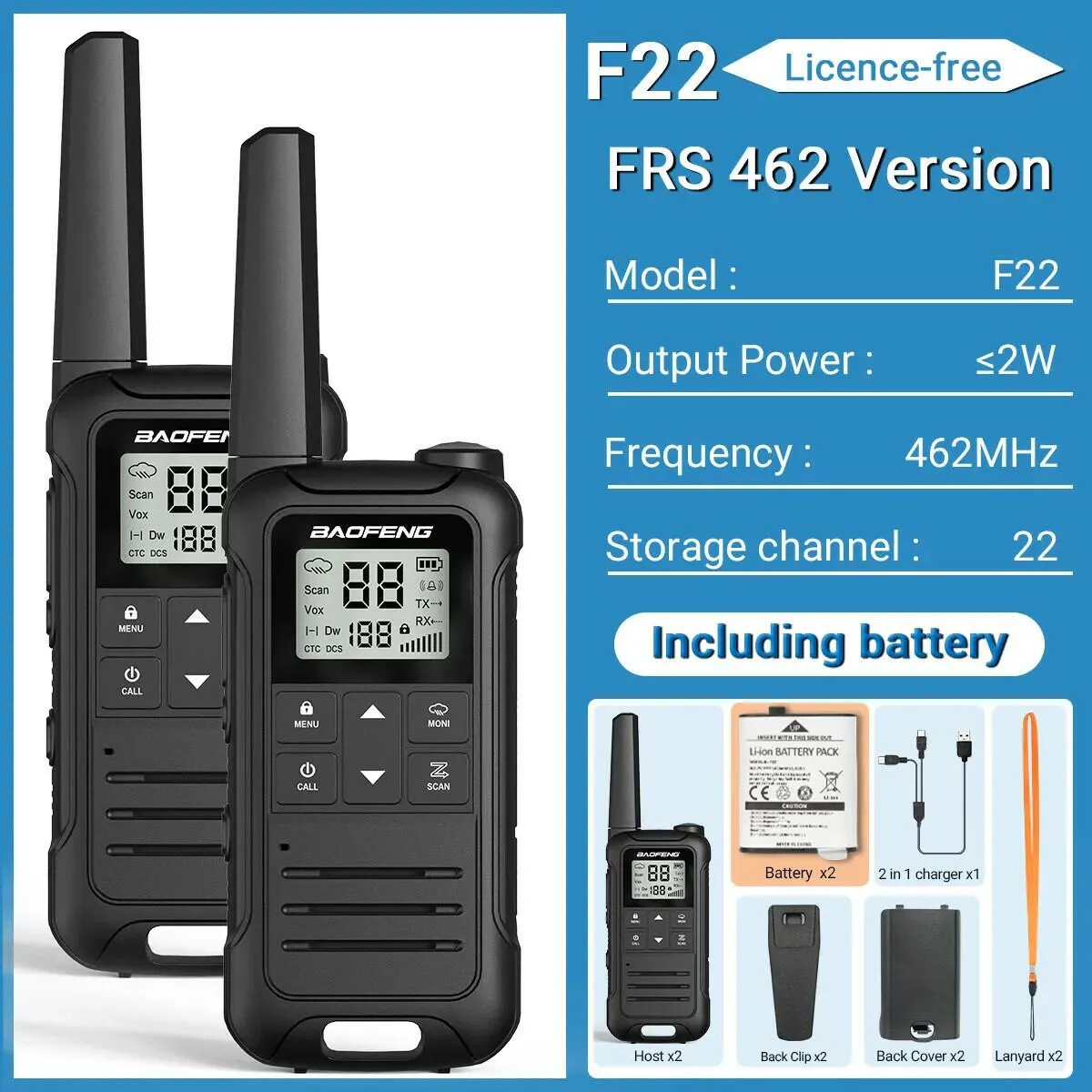 2Pcs Baofeng Mini Walkie Talkie F22 PMR446 FRS Licence-free Portable LCD Display VOX Two-Way Radio Type-C Charger For Camping