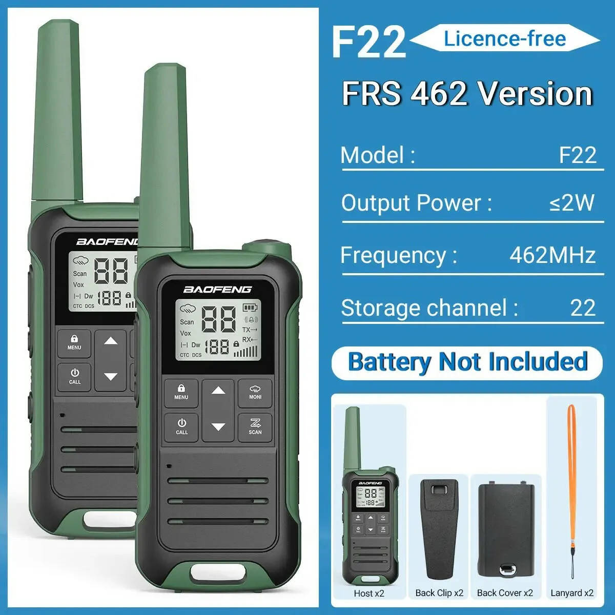 2Pcs Baofeng Mini Walkie Talkie F22 PMR446 FRS Licence-free Portable LCD Display VOX Two-Way Radio Type-C Charger For Camping