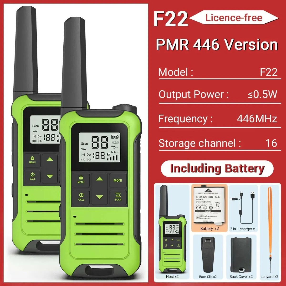 2Pcs Baofeng Mini Walkie Talkie F22 PMR446 FRS Licence-free Portable LCD Display VOX Two-Way Radio Type-C Charger For Camping