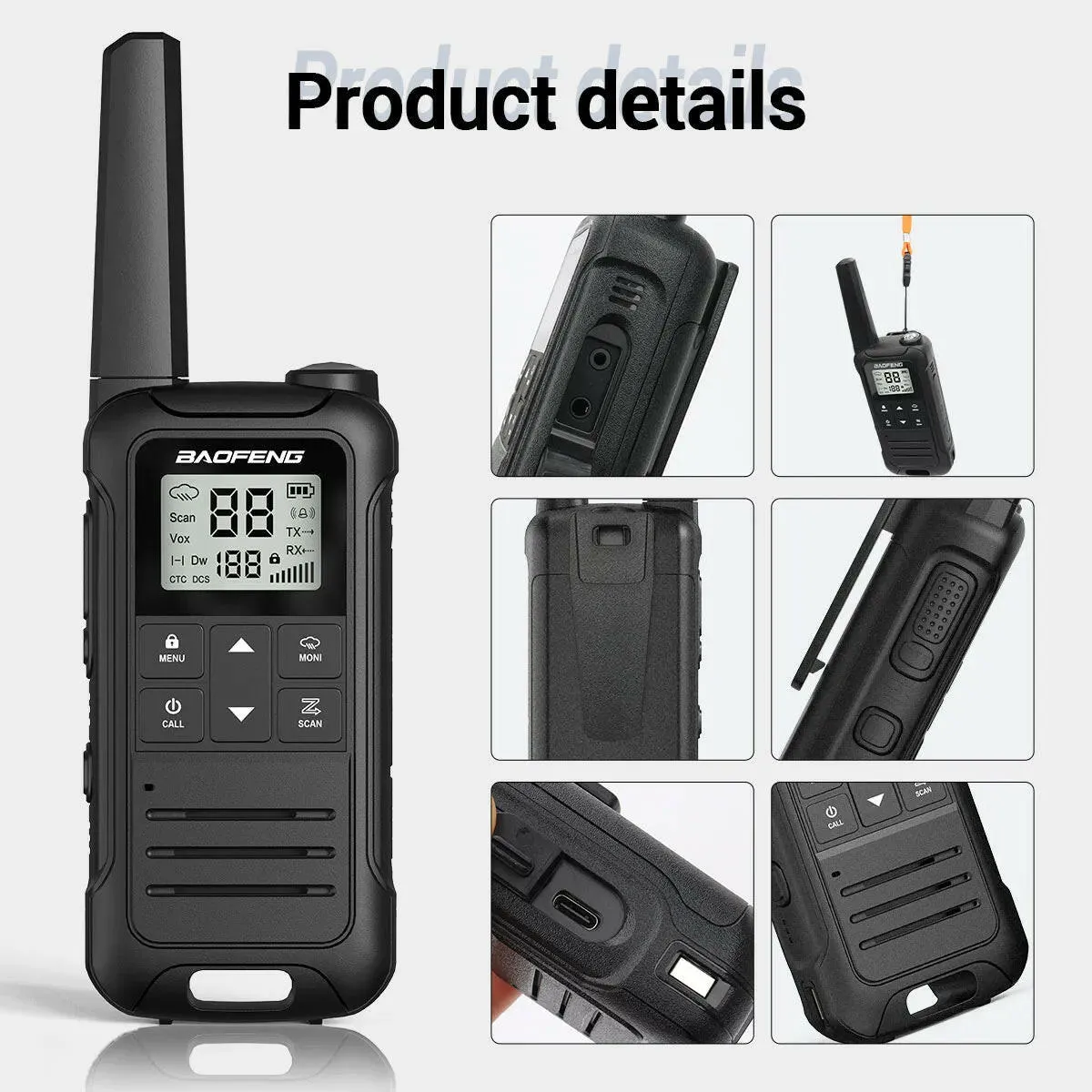 2Pcs Baofeng Mini Walkie Talkie F22 PMR446 FRS Licence-free Portable LCD Display VOX Two-Way Radio Type-C Charger For Camping