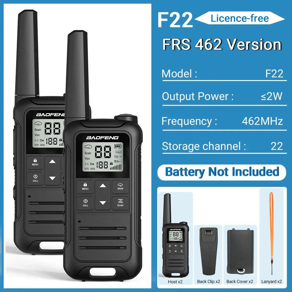 2Pcs Baofeng Mini Walkie Talkie F22 PMR446 FRS Licence-free Portable LCD Display VOX Two-Way Radio Type-C Charger For Camping