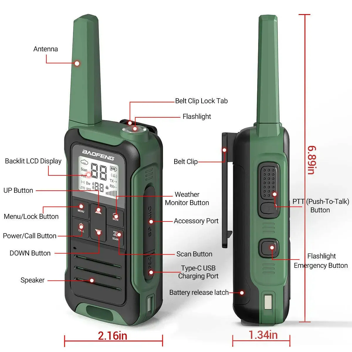 2Pcs Baofeng Mini Walkie Talkie F22 PMR446 FRS Licence-free Portable LCD Display VOX Two-Way Radio Type-C Charger For Camping