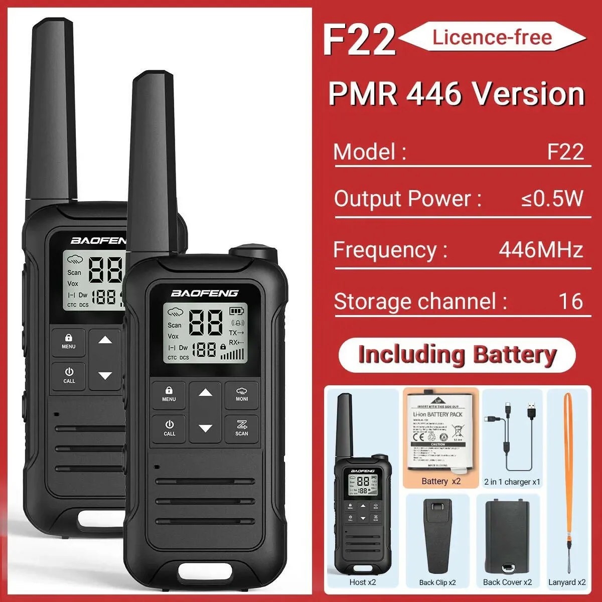 2Pcs Baofeng Mini Walkie Talkie F22 PMR446 FRS Licence-free Portable LCD Display VOX Two-Way Radio Type-C Charger For Camping