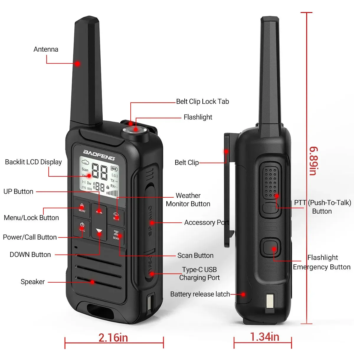 2Pcs Baofeng Mini Walkie Talkie F22 PMR446 FRS Licence-free Portable LCD Display VOX Two-Way Radio Type-C Charger For Camping