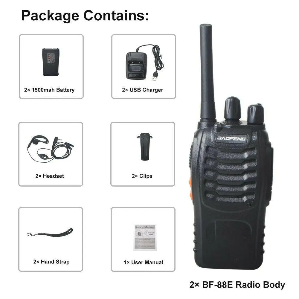 2pcs Baofeng Walkie Talkie BF-88E PMR 0.5W 16CH UHF 446.00625-446.19375MHz 12.5KHz Channel Separation with USB Charger Headset