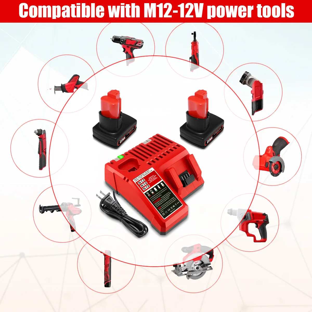 6.5AH 48-11-2460 12V Battery with Charger Combo Replacement for Milwaukee 12V M12 Battery XC 6.0 AH 4.0 AH 48-11-2440 12V Lithium Battery Charger Kit