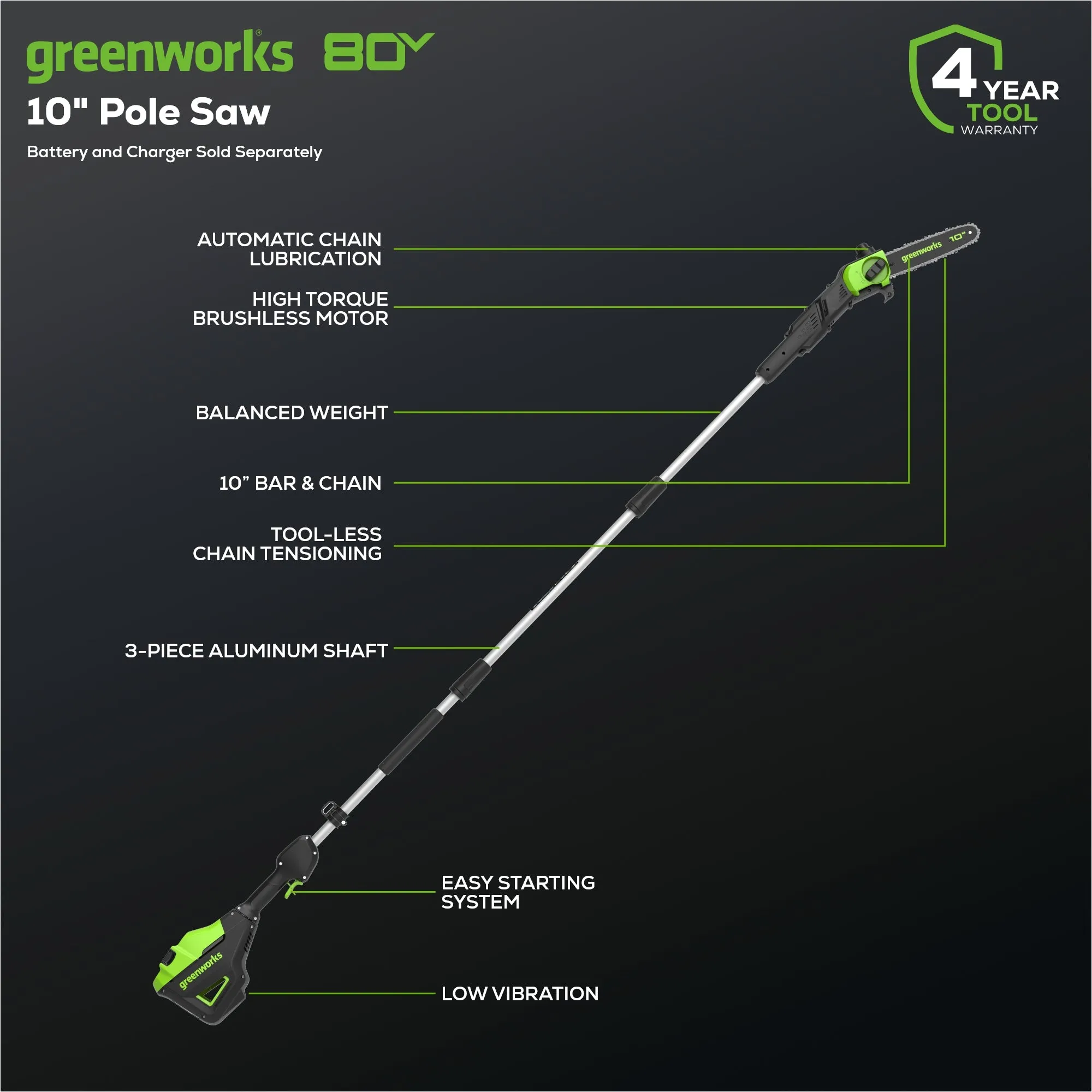 80V 10" Gen2 Cordless Battery Pole Saw (Tool Only)