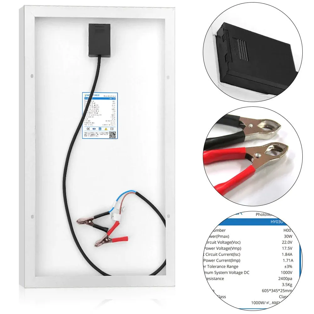 ACOPower 30W 12V Solar Charger Kit | 5A Charge Controller with Alligator Clips