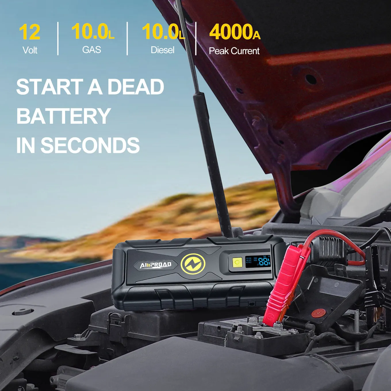 AMPROAD iRock 40 Jump Starter 4000A Peak Current 24000mAh Portable Car Battery Capacity