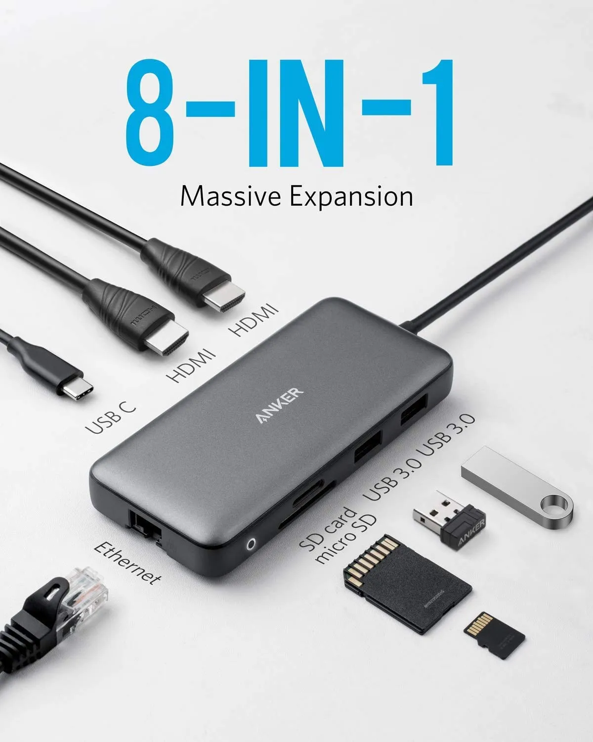 Anker 553 USB-C Hub, 8-in-1 USB C Dock, Dual 4K HDMI USB C to USB Adapter, 1 Gbps Ethernet USB Hub, 100W Power Delivery, SD Card Reader for MacBook Pro, XPS and More