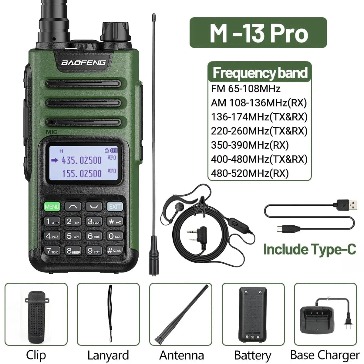 BaoFeng M-13 Pro Air Band Walkie Talkie Wireless Copy Frequency AM Type-C Full Band Long Range High Power UV5R Ham Two Way Radio