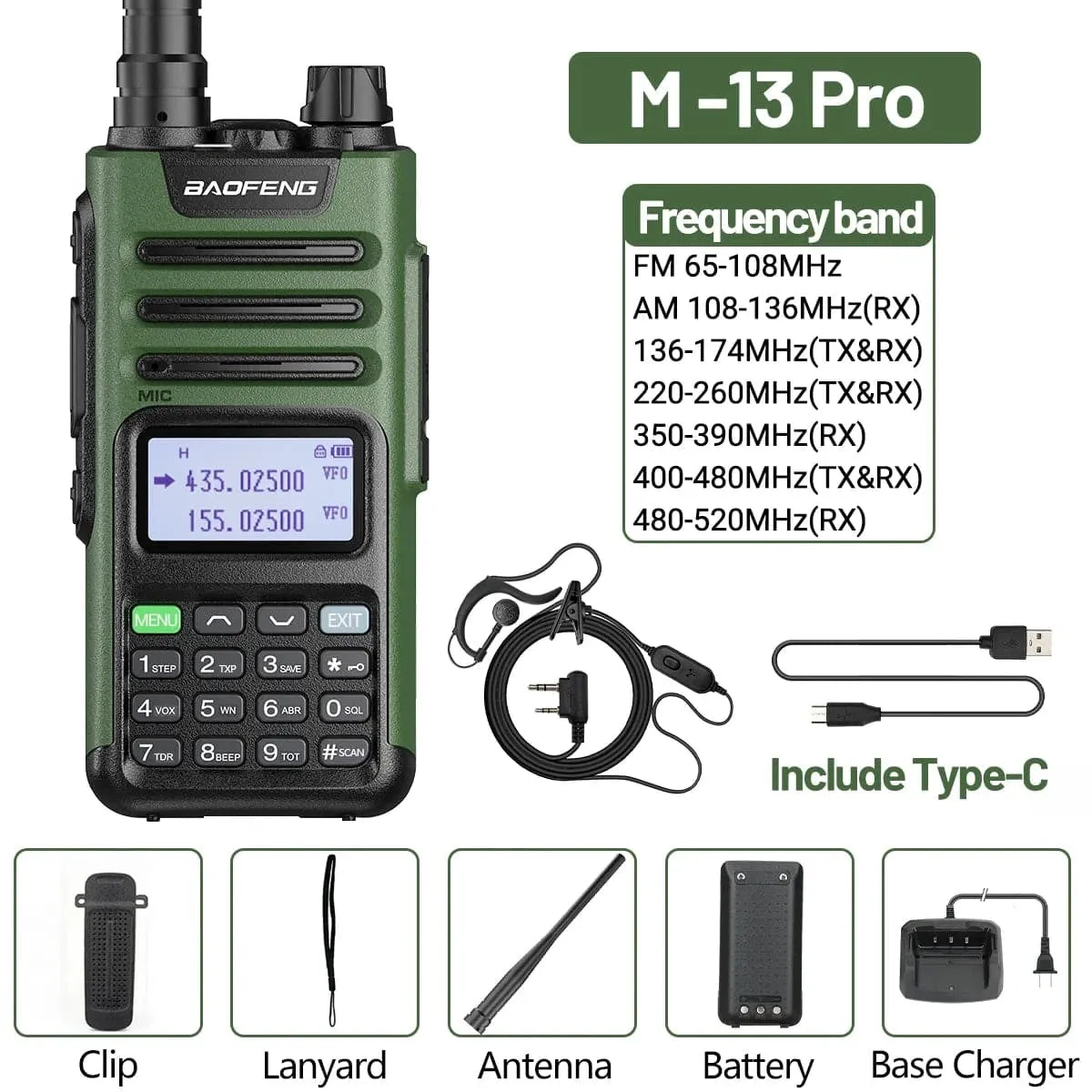 BaoFeng M-13 Pro Air Band Walkie Talkie Wireless Copy Frequency AM Type-C Full Band Long Range High Power UV5R Ham Two Way Radio