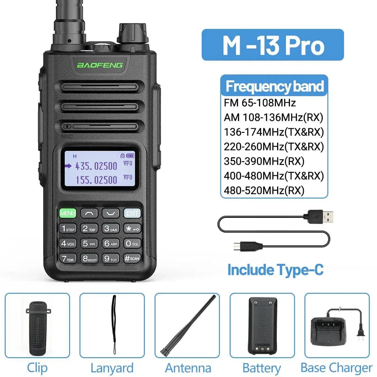 BaoFeng M-13 Pro Air Band Walkie Talkie Wireless Copy Frequency AM Type-C Full Band Long Range High Power UV5R Ham Two Way Radio