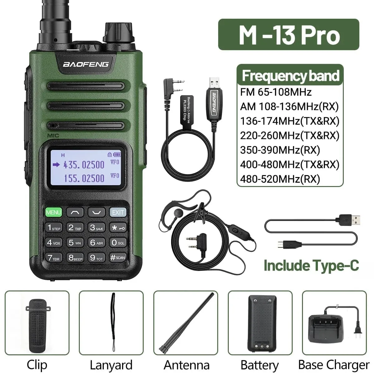 BaoFeng M-13 Pro Air Band Walkie Talkie Wireless Copy Frequency AM Type-C Full Band Long Range High Power UV5R Ham Two Way Radio