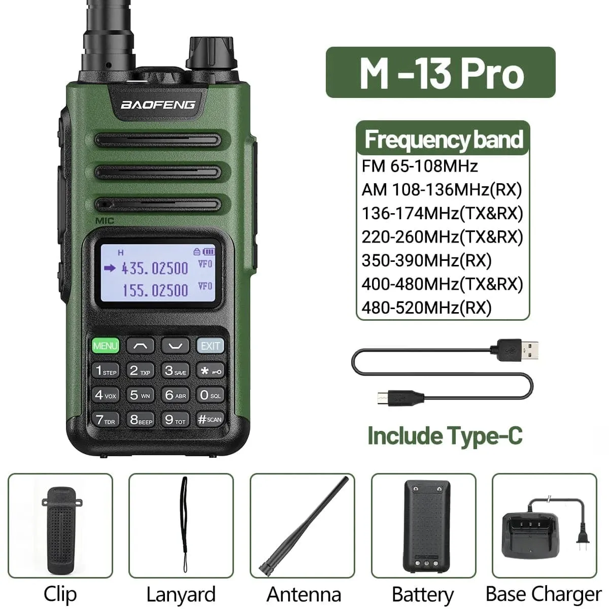 BaoFeng M-13 Pro Air Band Walkie Talkie Wireless Copy Frequency AM Type-C Full Band Long Range High Power UV5R Ham Two Way Radio