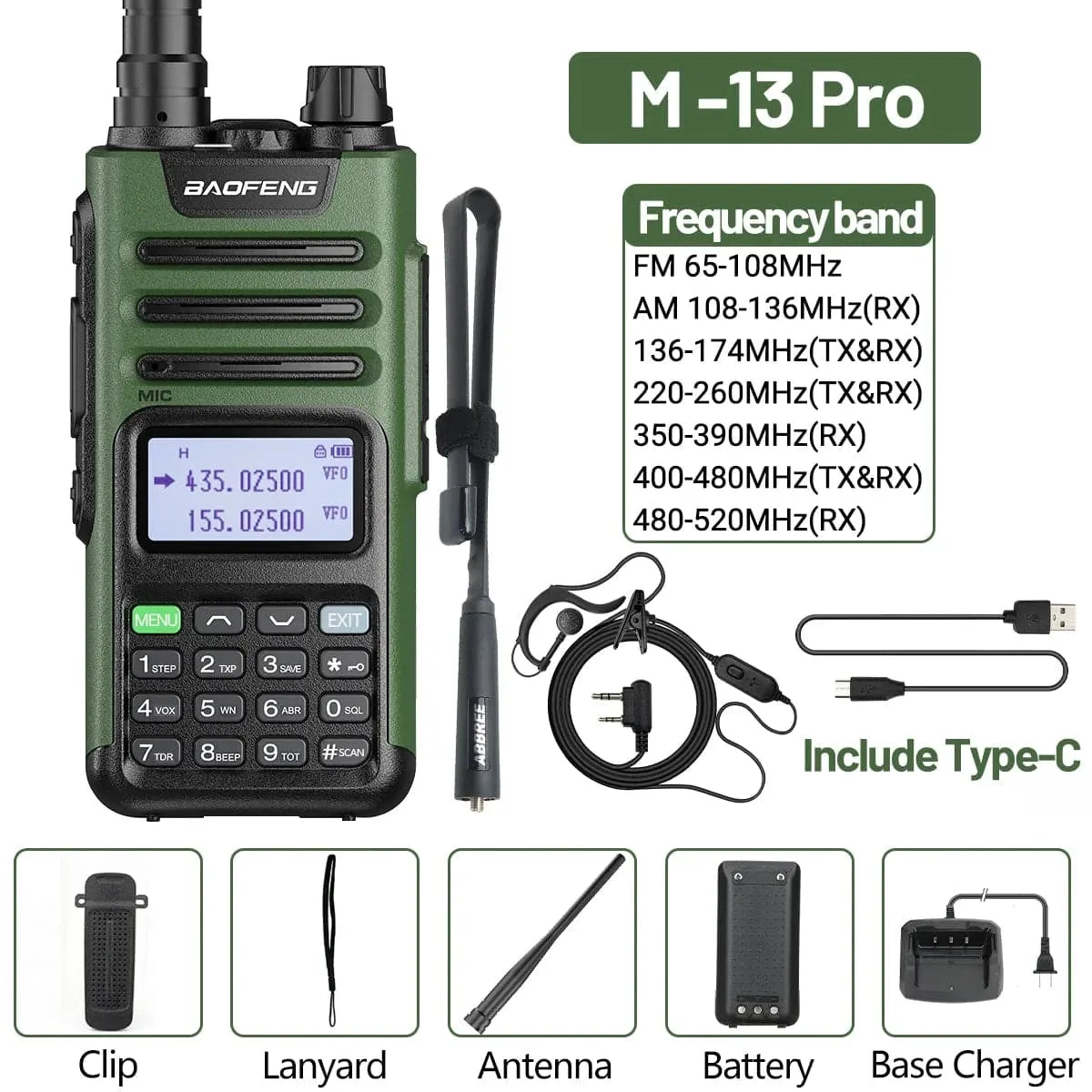 BaoFeng M-13 Pro Air Band Walkie Talkie Wireless Copy Frequency AM Type-C Full Band Long Range High Power UV5R Ham Two Way Radio