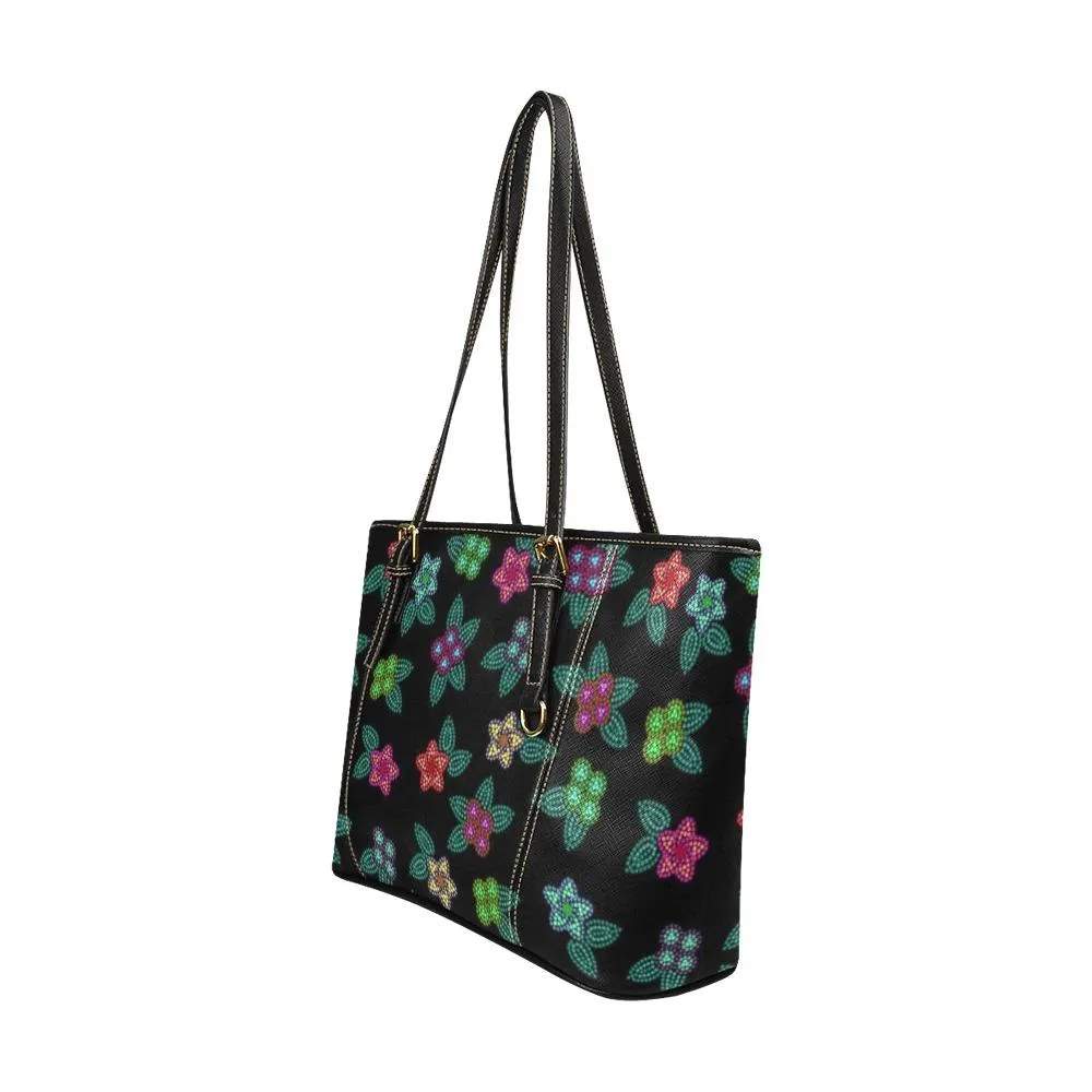 Berry Flowers Black Leather Tote Bag/Large