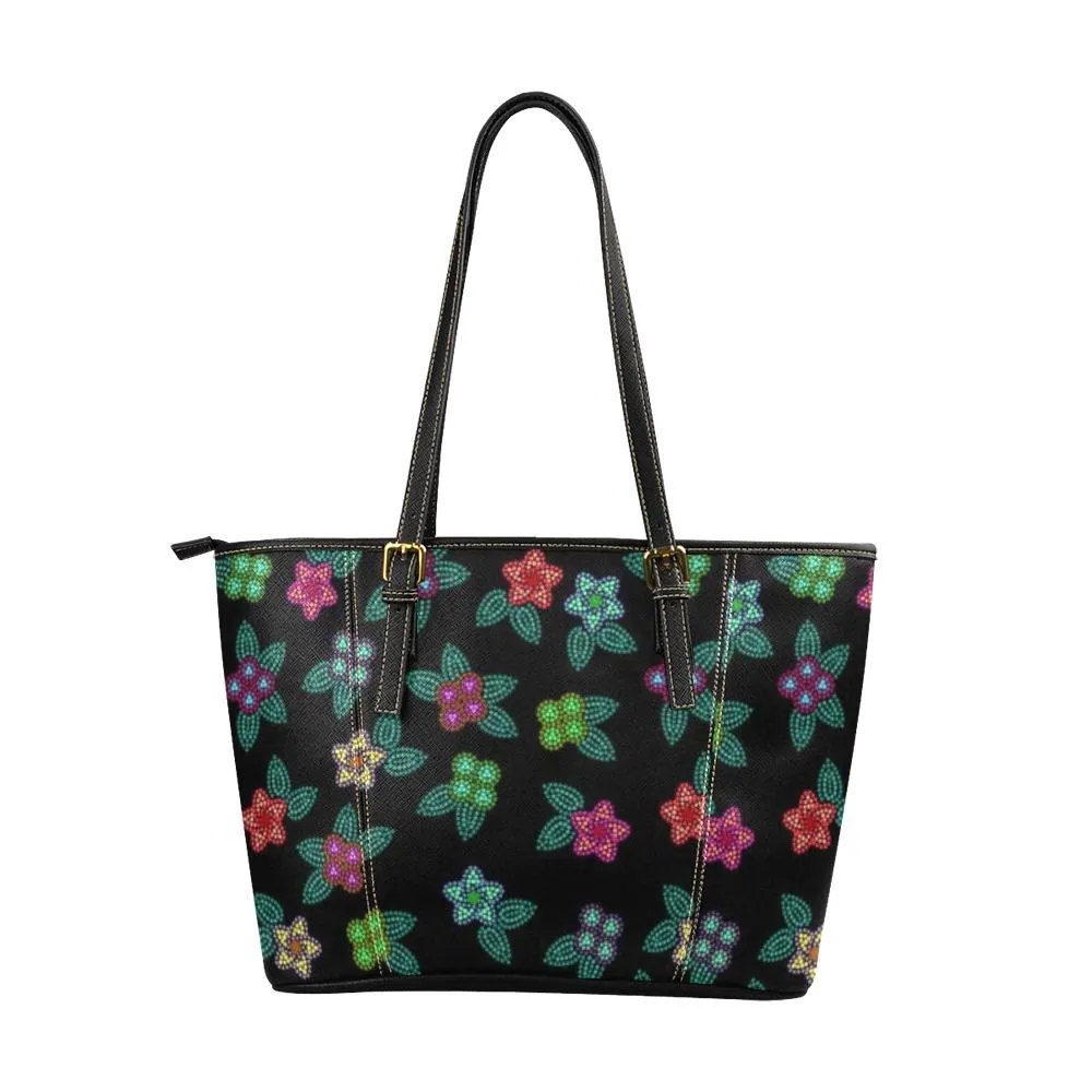 Berry Flowers Black Leather Tote Bag/Large