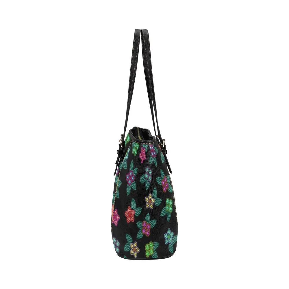 Berry Flowers Black Leather Tote Bag/Large