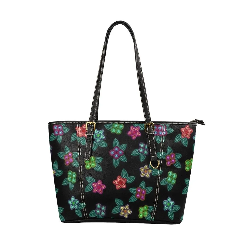 Berry Flowers Black Leather Tote Bag/Large