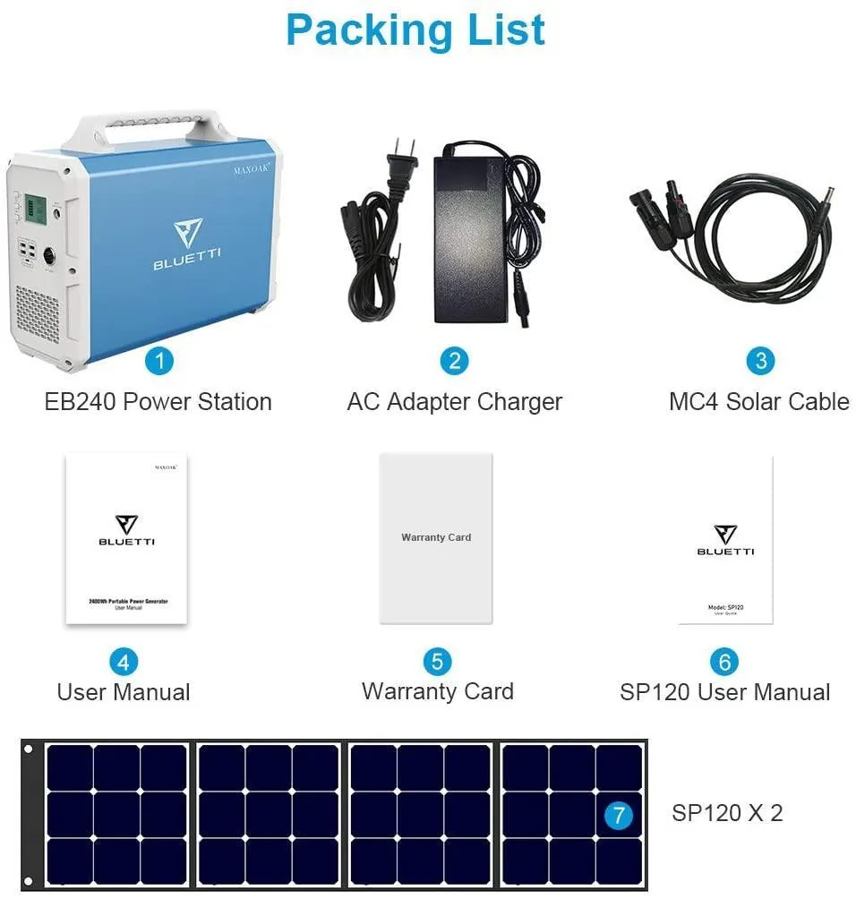 BLUETTI EB240 2400Wh/1000W Portable Power Station  2*SP120/SP200 Solar Panel