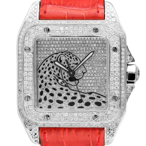 Cartier Santos 100 L Panthère Diamond Set Custom Watch Red Leather Strap W20073X8