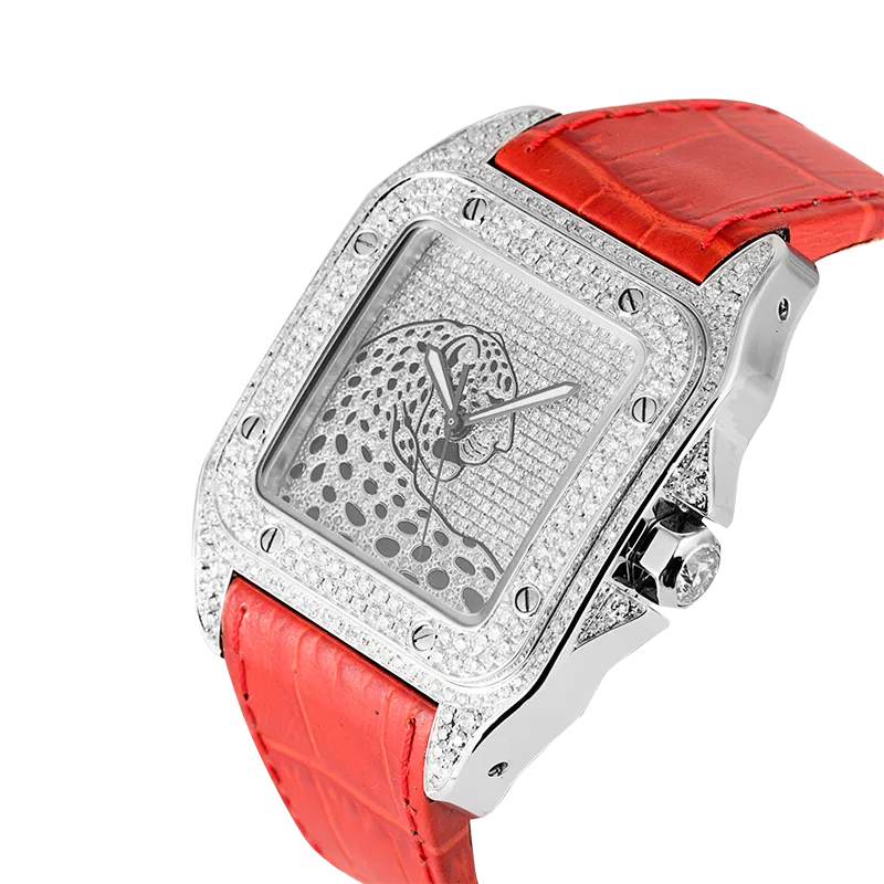 Cartier Santos 100 L Panthère Diamond Set Custom Watch Red Leather Strap W20073X8