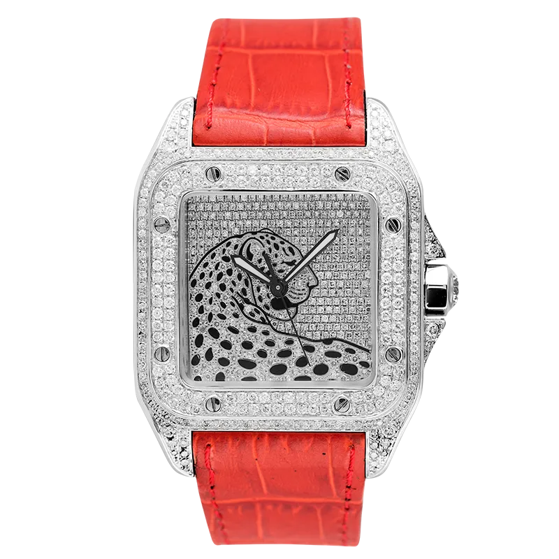 Cartier Santos 100 L Panthère Diamond Set Custom Watch Red Leather Strap W20073X8