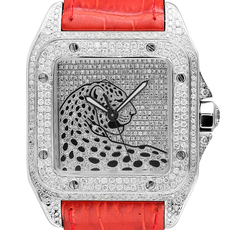 Cartier Santos 100 L Panthère Diamond Set Custom Watch Red Leather Strap W20073X8