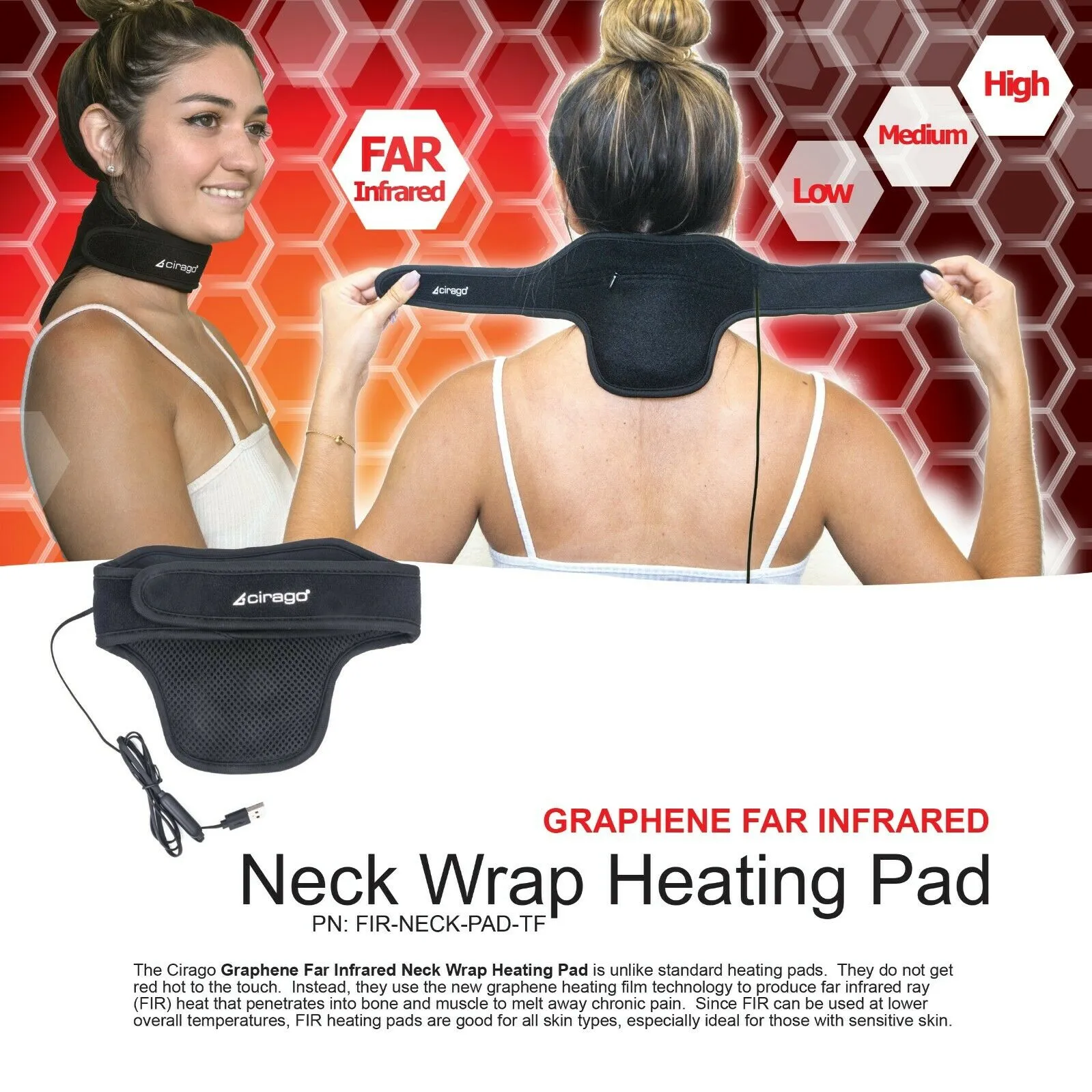 Cirago Graphene Far Infrared Heating Neck Pad for Pain Relief, 3 Heat Settings