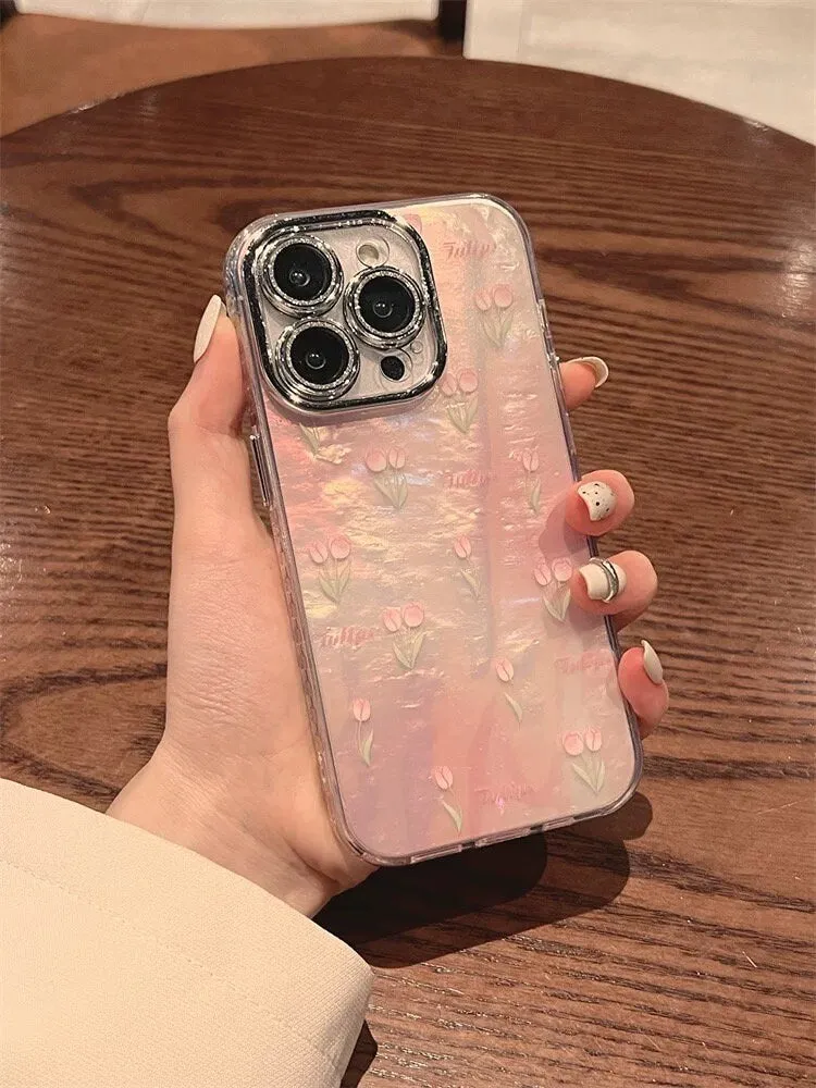 Cute Pink Pearlescent Holographic Floral Tulips with Silver Bling Camera Lens Design Protective Phone Case for iPhone 12 13 14 15 Pro Max