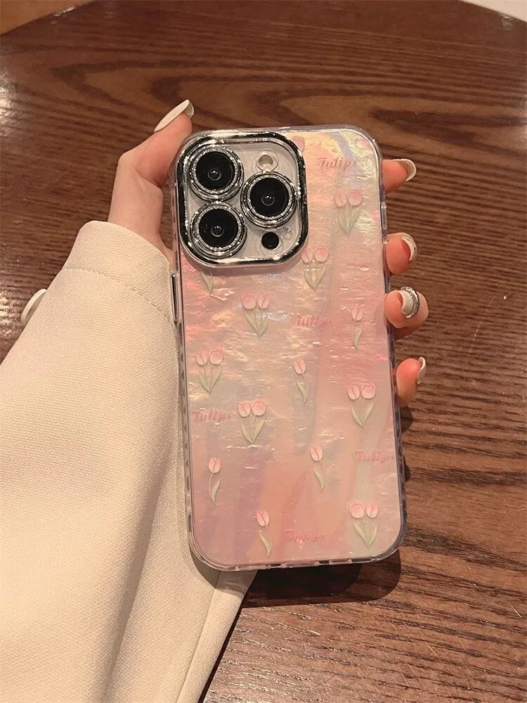 Cute Pink Pearlescent Holographic Floral Tulips with Silver Bling Camera Lens Design Protective Phone Case for iPhone 12 13 14 15 Pro Max