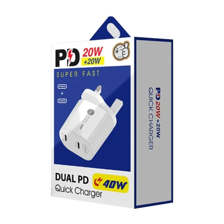 Dual Port 40W PD / Type-C Fast Charger with 1m Type-C Data Cable, UK Plug